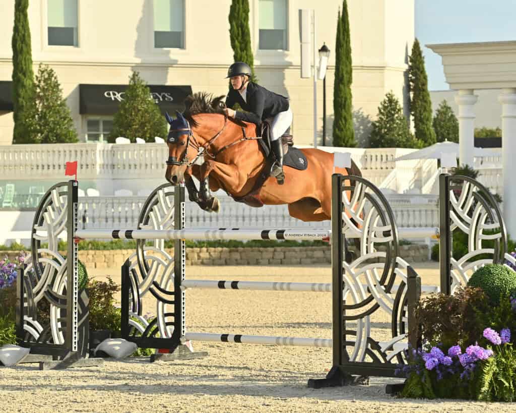 Equestrian rider in helmet and jacket jumps a brown horse over a decorative obstacle during a show jumping competition outdoors.