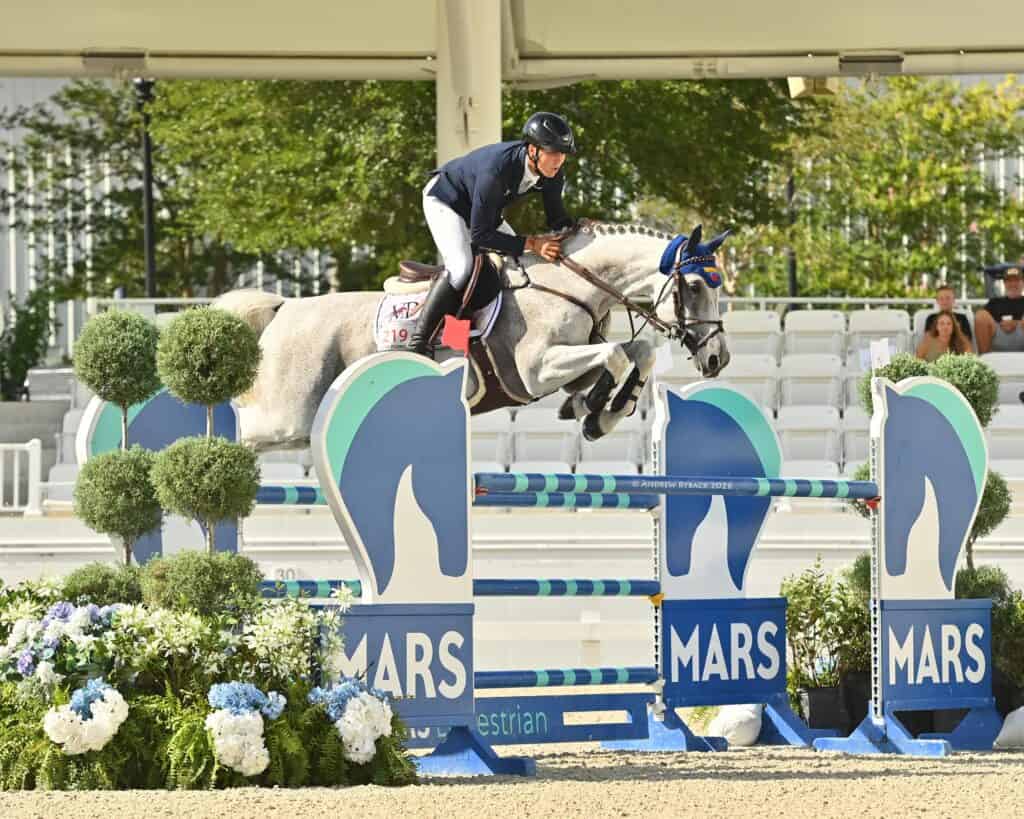 A rider in a navy jacket and helmet jumps a gray horse over a blue and white obstacle labeled "MARS" at an equestrian event.
