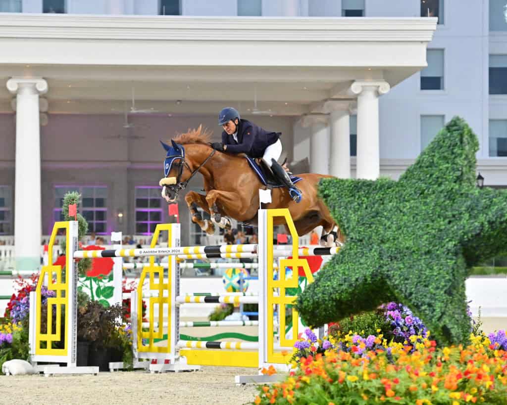 Equestrian rider in a helmet jumps a brown horse over a colorful obstacle during a show jumping event, with flowers and a large green star-shaped topiary in the foreground.