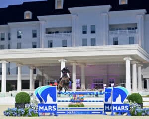 A rider on horseback jumps over a blue and white MARS-branded obstacle in front of a large, white building during an equestrian event.