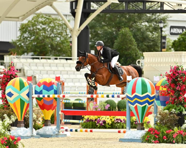 A rider in equestrian gear jumps a horse over a colorful obstacle decorated with balloon designs at an outdoor show jumping event.
