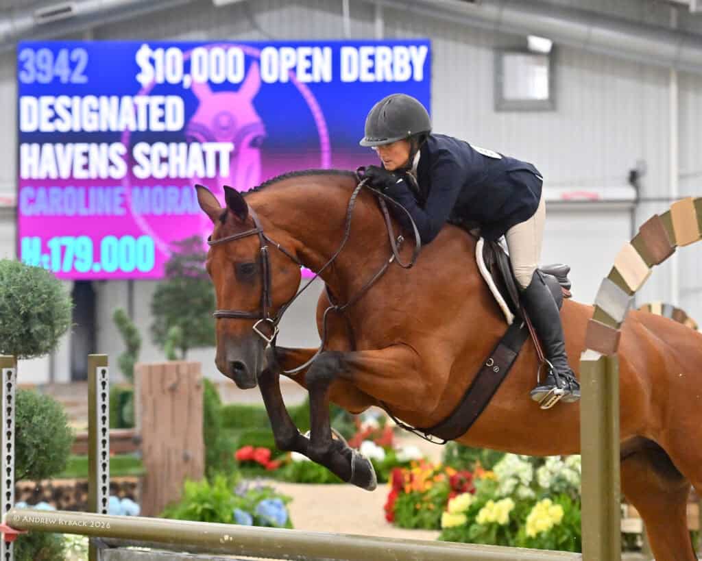 Equestrian rider jumps a horse over an obstacle in an indoor arena, with a digital sign displaying event and prize information in the background.