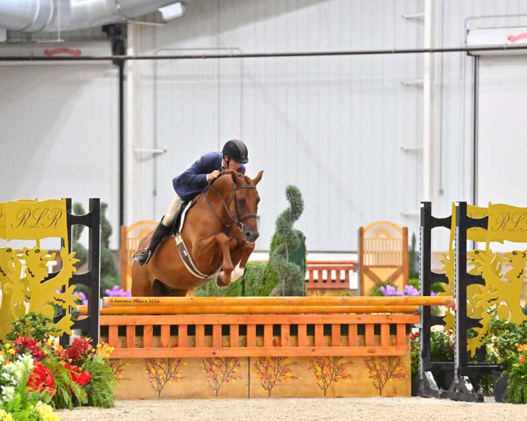 A rider in a helmet and jacket guides a horse over a wooden jump in an indoor equestrian arena decorated with flowers and greenery.