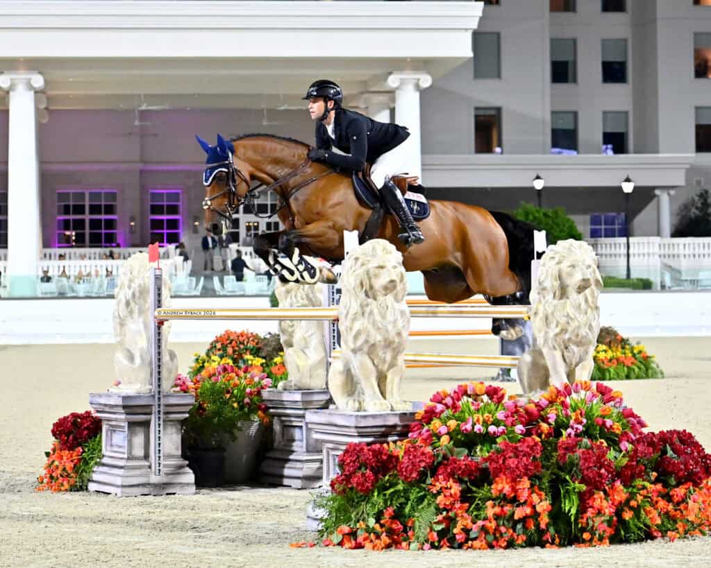 A rider on a brown horse jumps over an obstacle decorated with lion statues and flowers during an equestrian event.