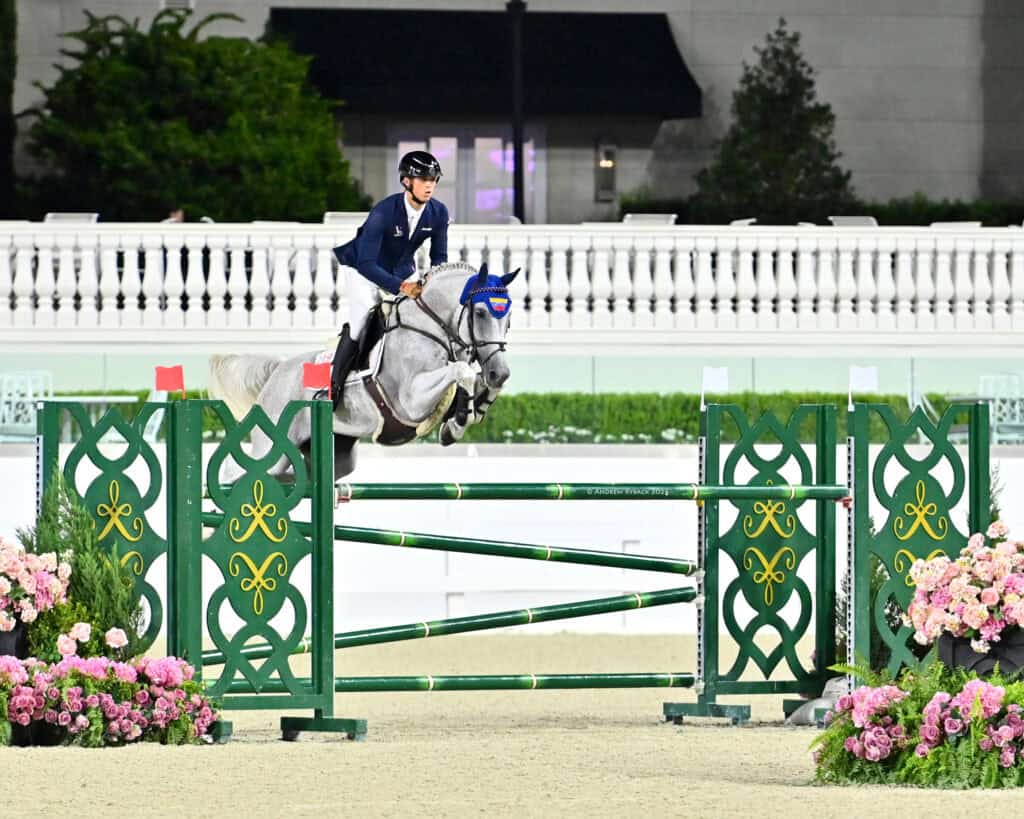 An equestrian rider in formal attire guides a gray horse over a green and yellow jump during a show jumping competition, surrounded by flowers and a white fence.