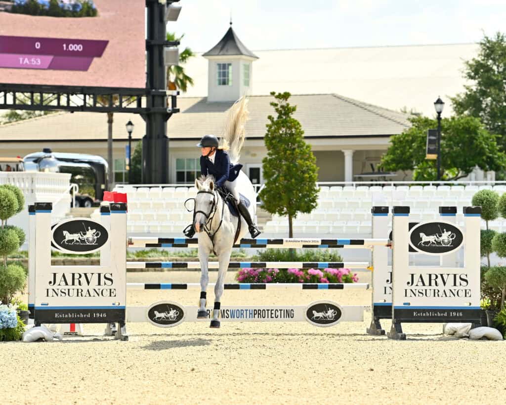 Equestrian rider in formal attire jumps a white horse over an obstacle during a show jumping competition, with event signage visible.