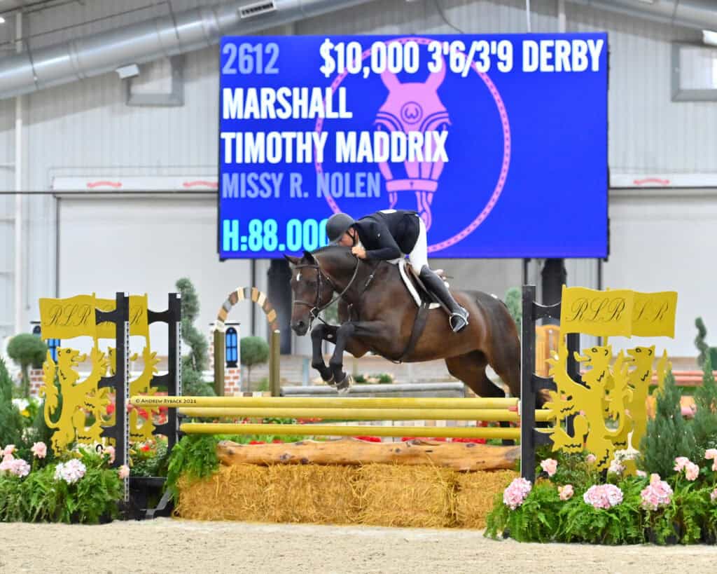 A rider in a black jacket jumps a horse over a yellow obstacle in an indoor arena, with a large scoreboard displaying event and competitor information in the background.