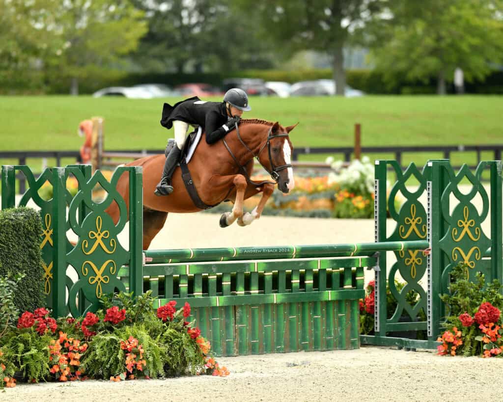 A rider on a brown horse jumps over a green and yellow obstacle during an outdoor equestrian event, with flowers and trees in the background.