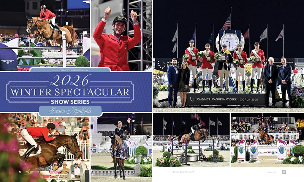 Collage of equestrian show jumping event highlights with riders in red jackets, horses in action, an awards podium, and decorative event signage for the 2026 Winter Spectacular Show Series.