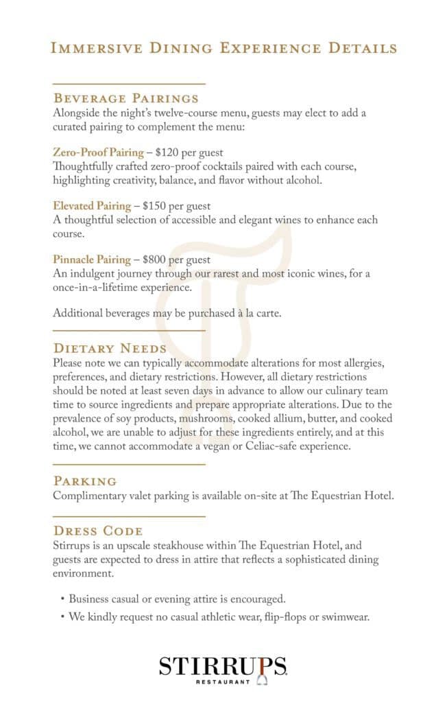Restaurant menu detailing beverage pairings, dietary needs, parking information, and dress code for a twelve-course meal at Stirrups, with three pairing options ranging from $120 to $800.