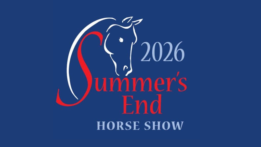 Logo for the 2026 Summer’s End Horse Show, featuring an outline of a horse’s head and text on a blue background.