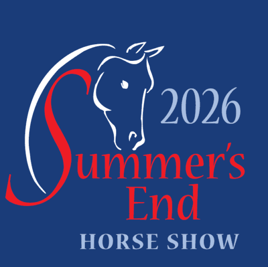 Logo for the 2026 Summer’s End Horse Show, featuring a stylized horse head and text in red and light blue on a dark blue background.