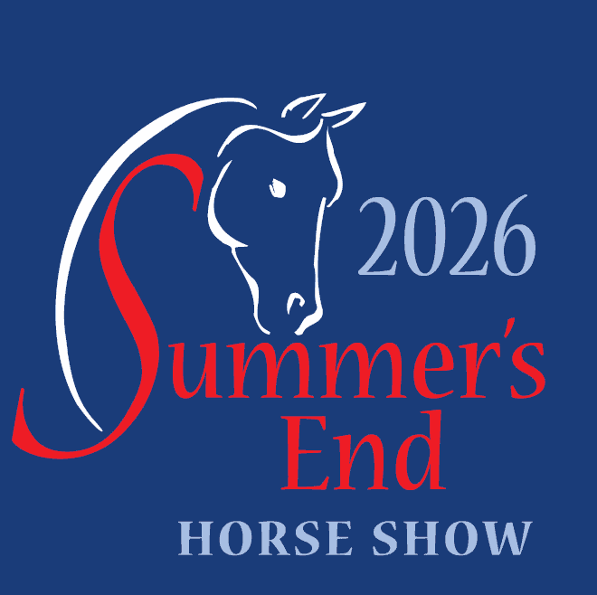 Logo for the 2026 Summer’s End Horse Show, featuring a stylized horse head and text in red and light blue on a dark blue background.