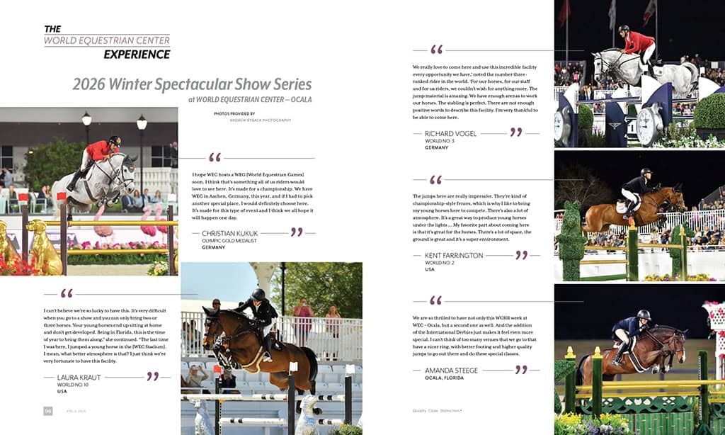 Equestrian riders and horses compete in jumping events at the World Equestrian Center. Quotes from riders are featured alongside action photos on a magazine-style layout.
