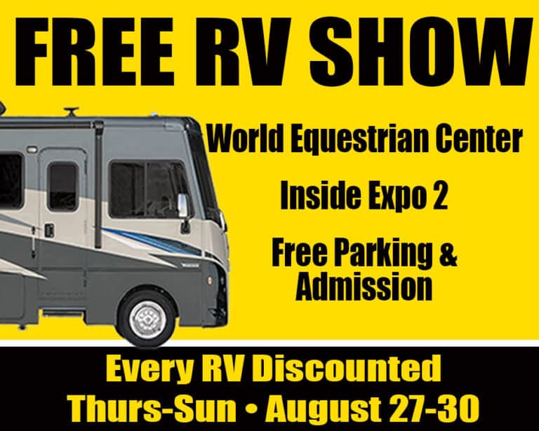 Yellow and black ad for a free RV show at World Equestrian Center, August 27-30, with free parking, admission, and RV discounts. Image of an RV on the left.