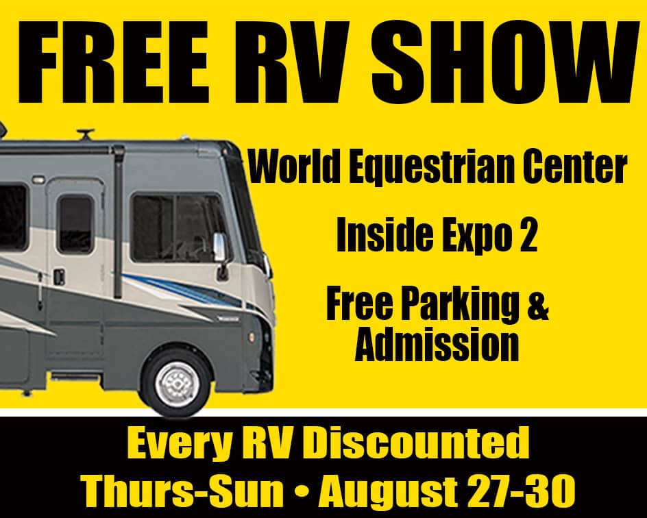 Yellow and black ad for a free RV show at World Equestrian Center, August 27-30, with free parking, admission, and RV discounts. Image of an RV on the left.