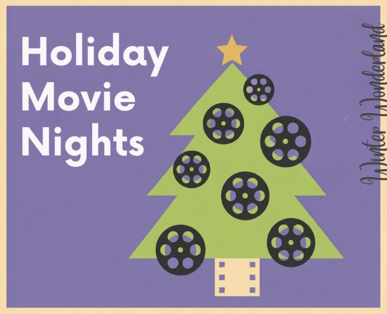 Illustration of a Christmas tree decorated with film reels, a gold star on top, and the text “Holiday Movie Nights” on a purple background. “Winter Wonderland” is written along the right edge.
