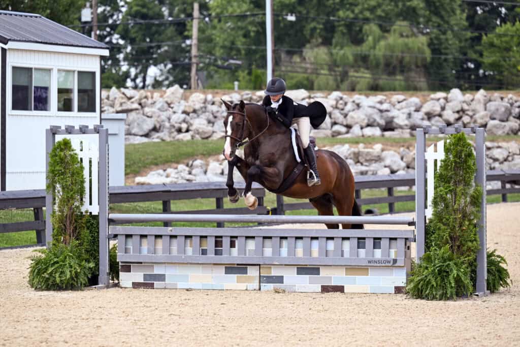 Equestrian rider in formal attire guides a horse over a jump during a show jumping event in an outdoor arena.