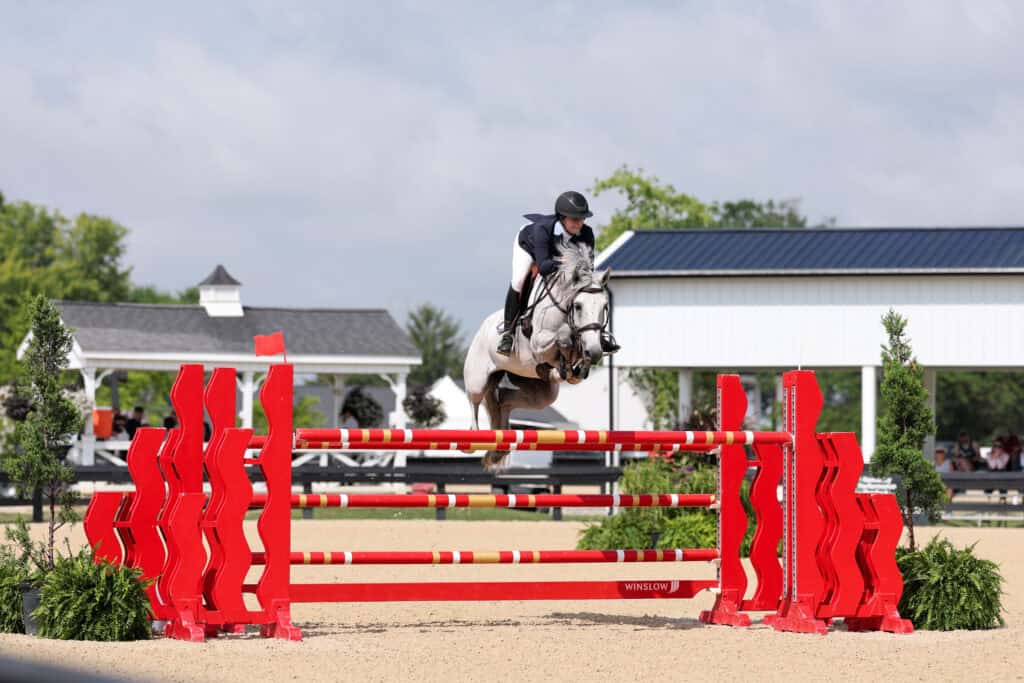 A person riding a gray horse jumps over a red obstacle during an outdoor equestrian event with buildings and trees in the background.