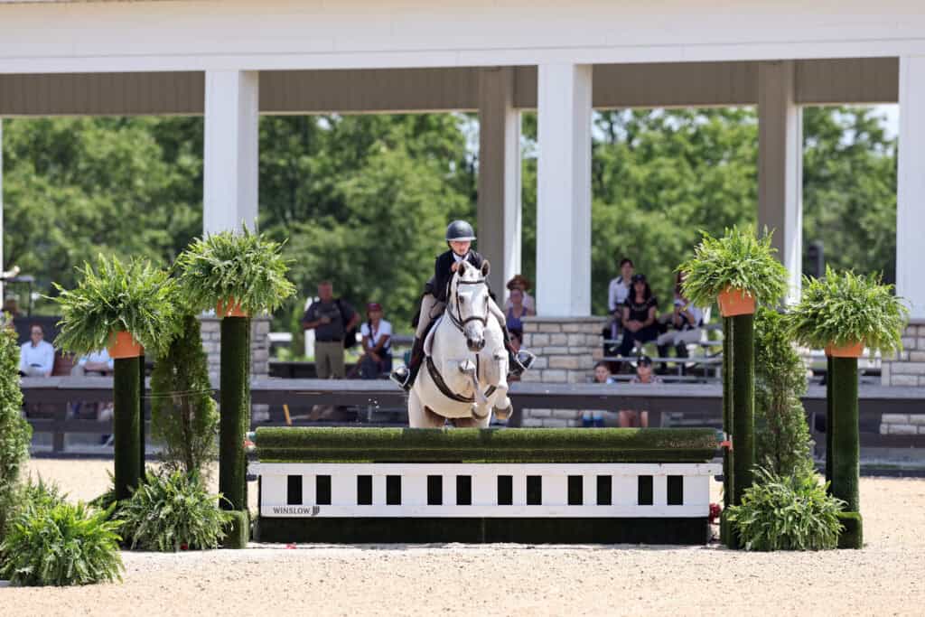 Equestrian rider in a helmet jumps a white horse over a green and white hurdle during an outdoor competition, with spectators in the background.