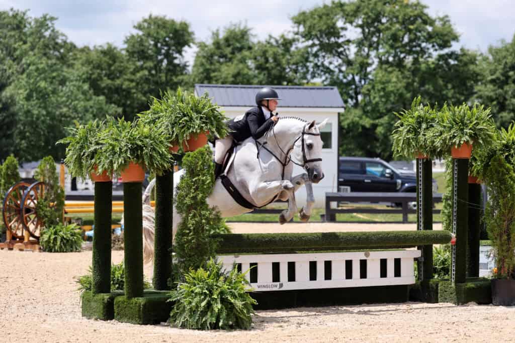 A rider wearing a black helmet and jacket guides a white horse over a green and white jump during an equestrian event outdoors.