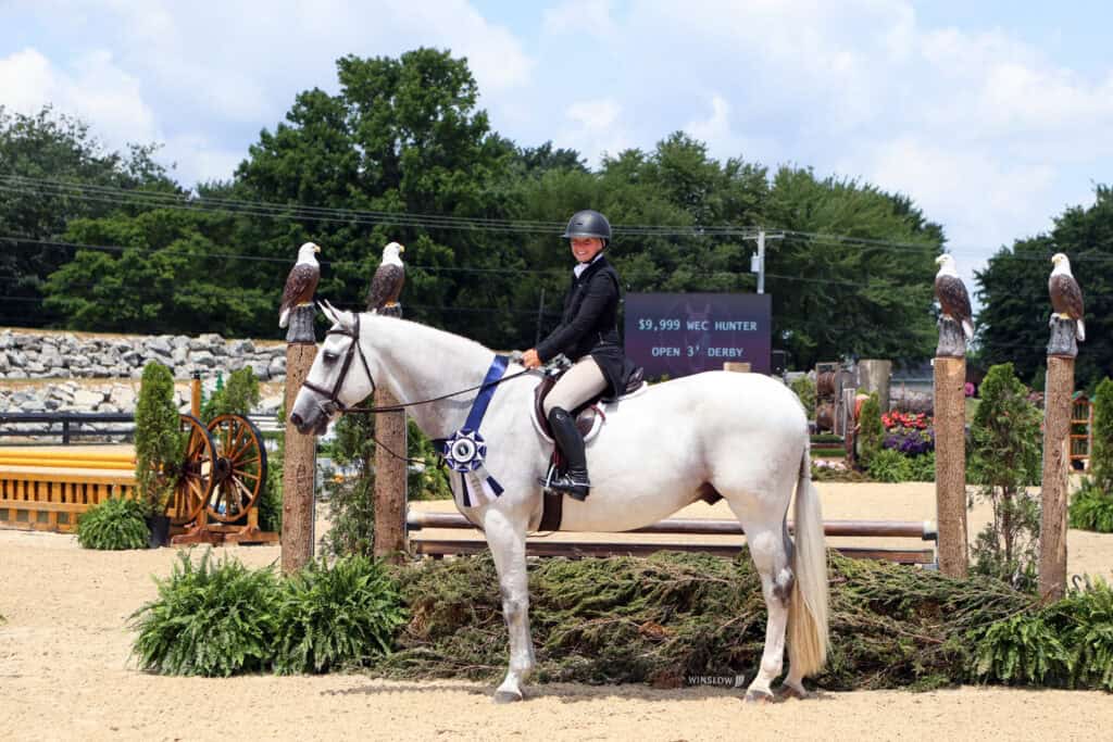 A rider in equestrian attire sits on a white horse with a large ribbon. They are in an outdoor arena with a fence decorated with eagle statues and greenery.