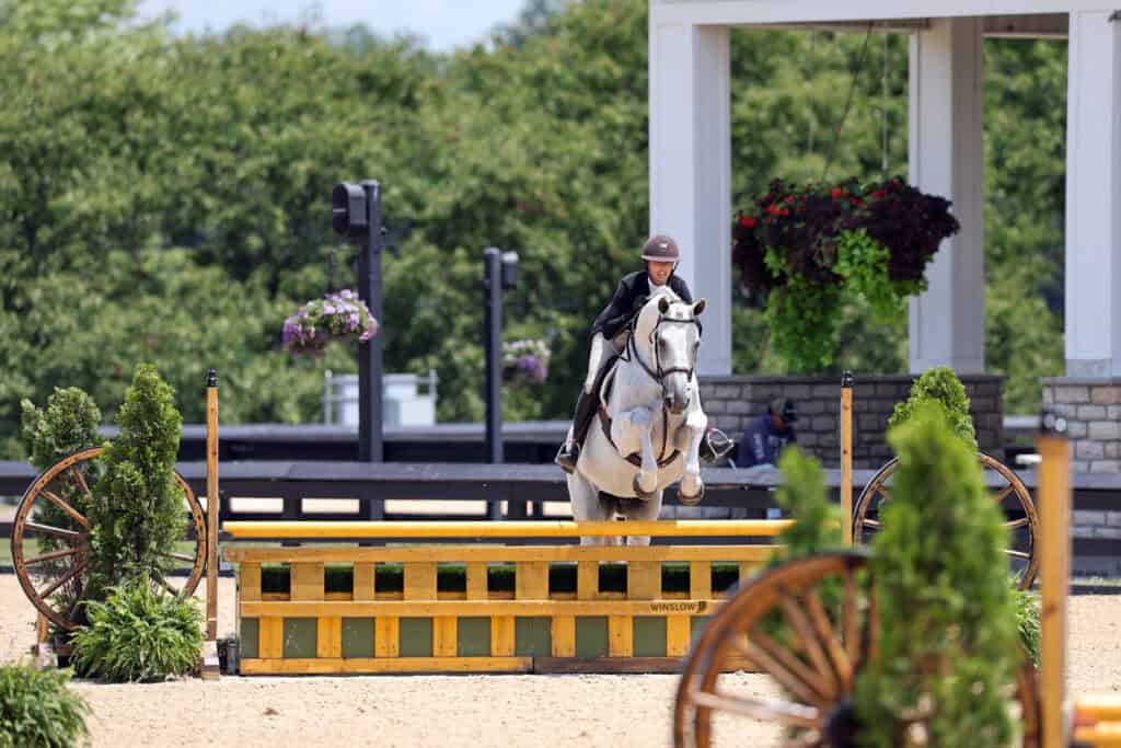 Equestrian rider on a white horse jumps over a yellow obstacle during an outdoor competition, with greenery and wagon wheels in the background.