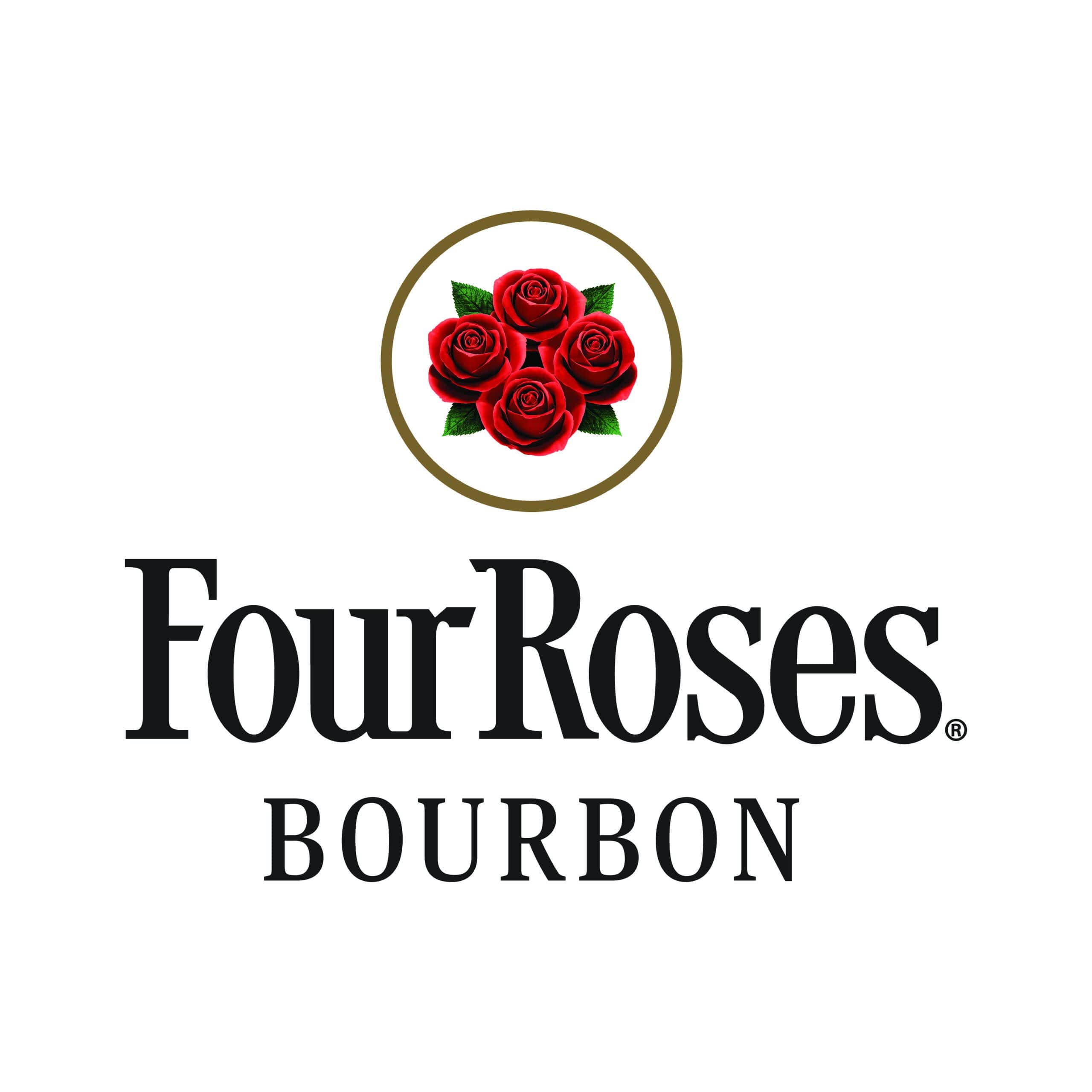 Four red roses in a gold circle above the words “Four Roses Bourbon” on a white background.