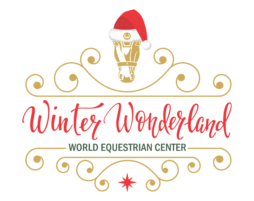 Logo with a gold horse head wearing a Santa hat, red text “Winter Wonderland,” green “World Equestrian Center,” and gold decorative scrollwork.