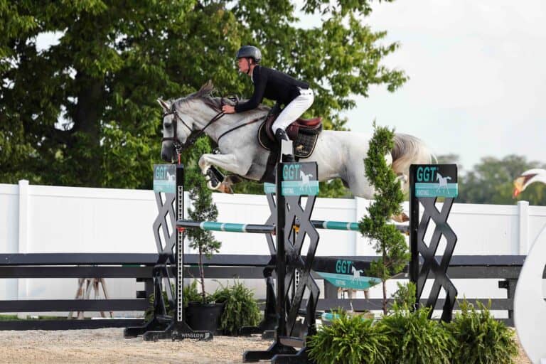 A person riding a gray horse jumps over an obstacle during an equestrian event, with trees and a white fence visible in the background.