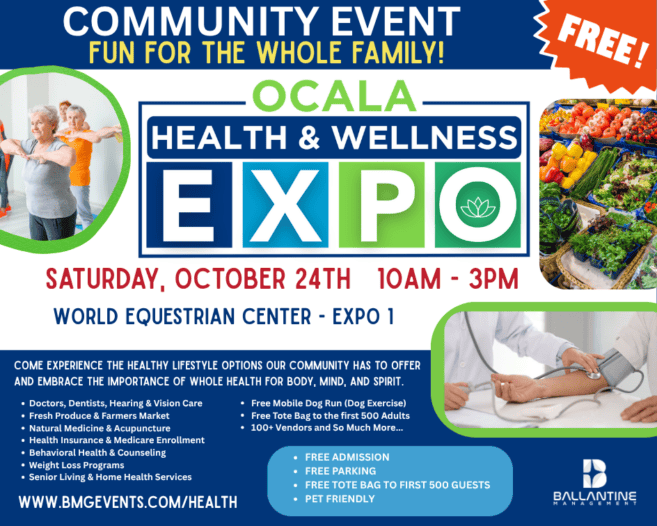 Flyer for “Ocala Health & Wellness Expo” on Saturday, October 24th, 10AM-3PM at World Equestrian Center, offering free services, samples, and activities for all ages.
