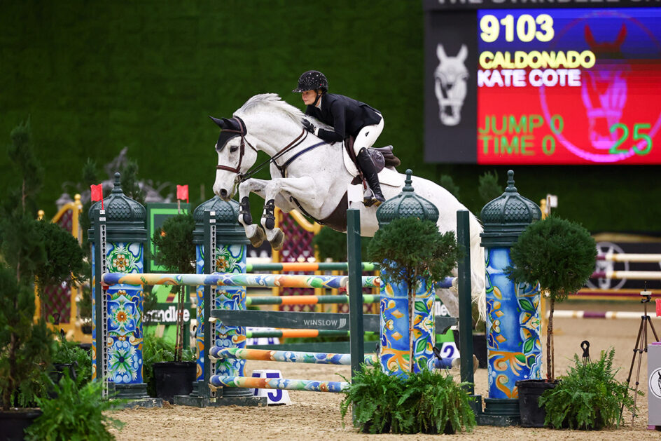 Equestrian rider in black gear jumps a white horse over a colorful obstacle during an indoor show jumping competition. Scoreboard is visible in the background.