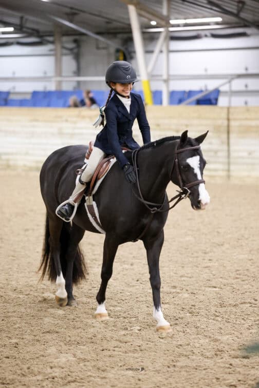 A rider in formal equestrian attire sits on a black horse with a white facial marking in an indoor arena.