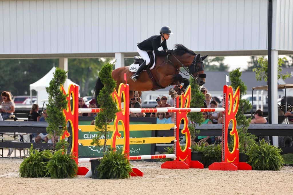 Equestrian rider in a helmet and jacket jumps a brown horse over a red and yellow obstacle at an outdoor arena, with spectators in the background.