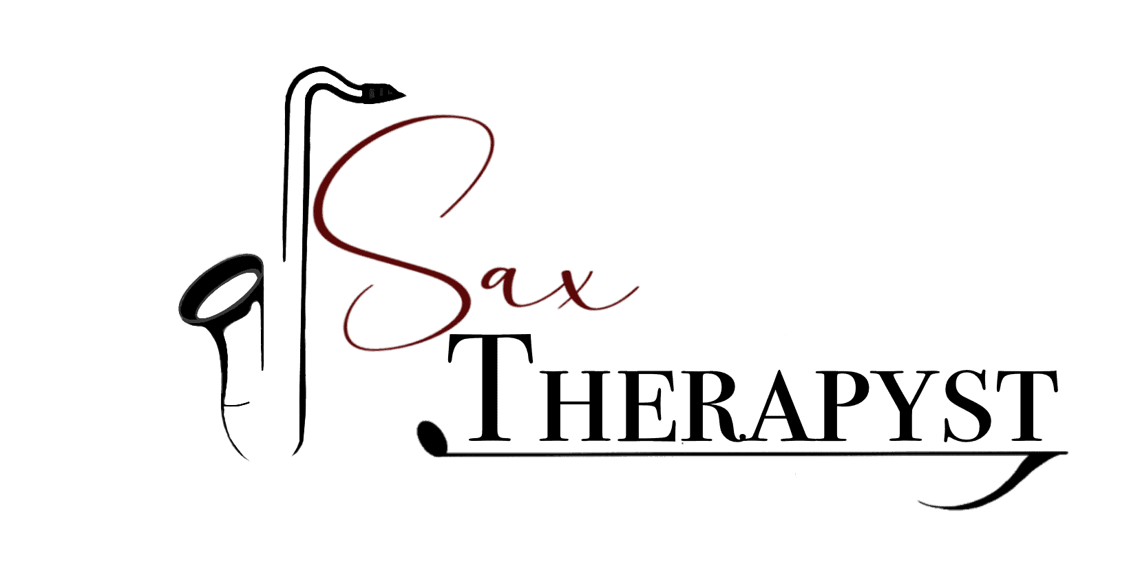 A stylized saxophone illustration forms the letter “S” in the phrase “Sax Therapy” on a white background.