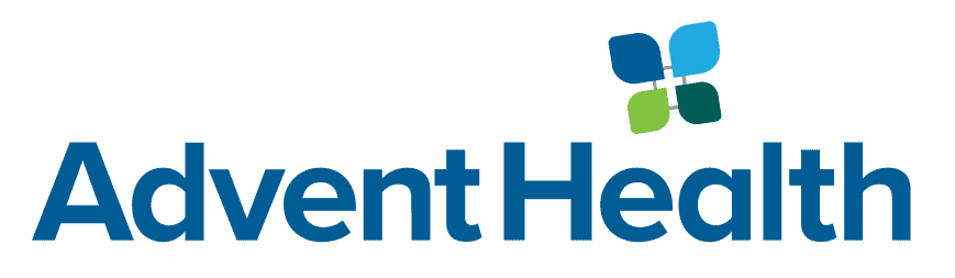 AdventHealth logo with blue and green four-leaf symbol above the blue text “AdventHealth” on a white background.