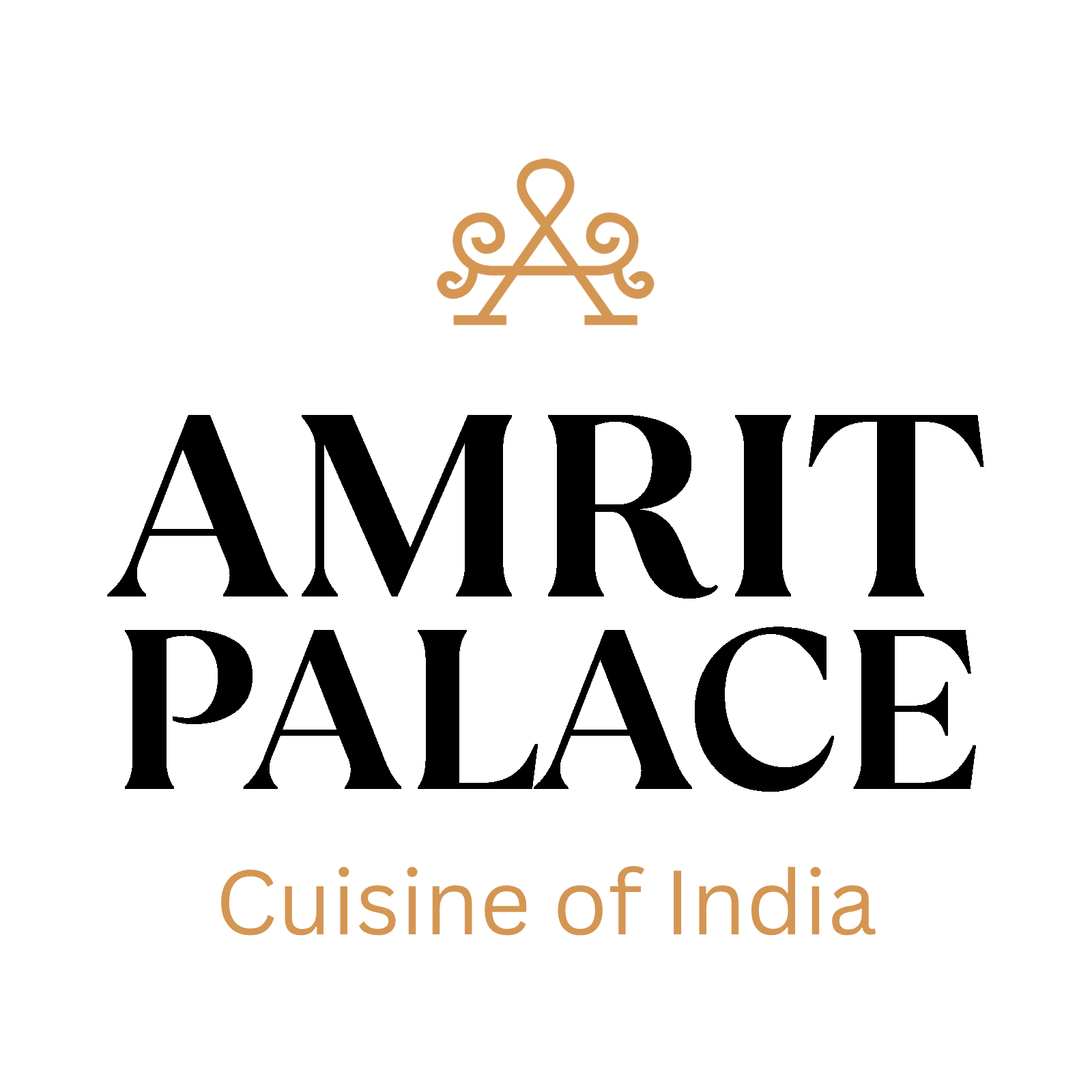 Logo for Amrit Palace with stylized gold design above the name and “Cuisine of India” written below in gold text on a white background.