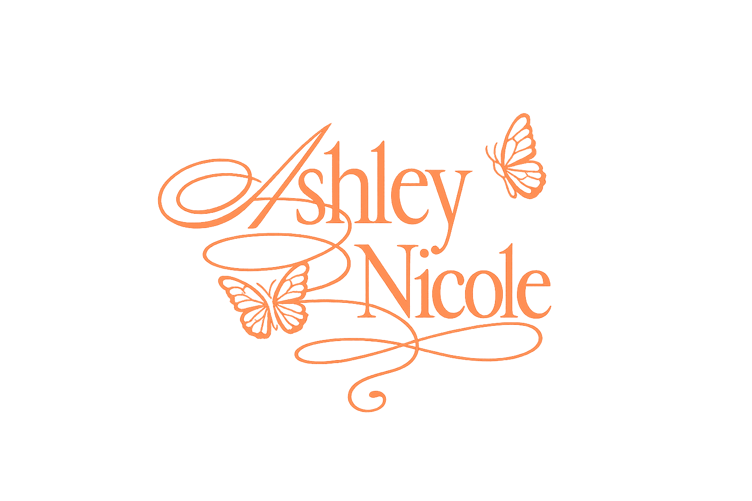 The text “Ashley Nicole” in ornate orange script with decorative swirls and two butterfly illustrations on a white background.