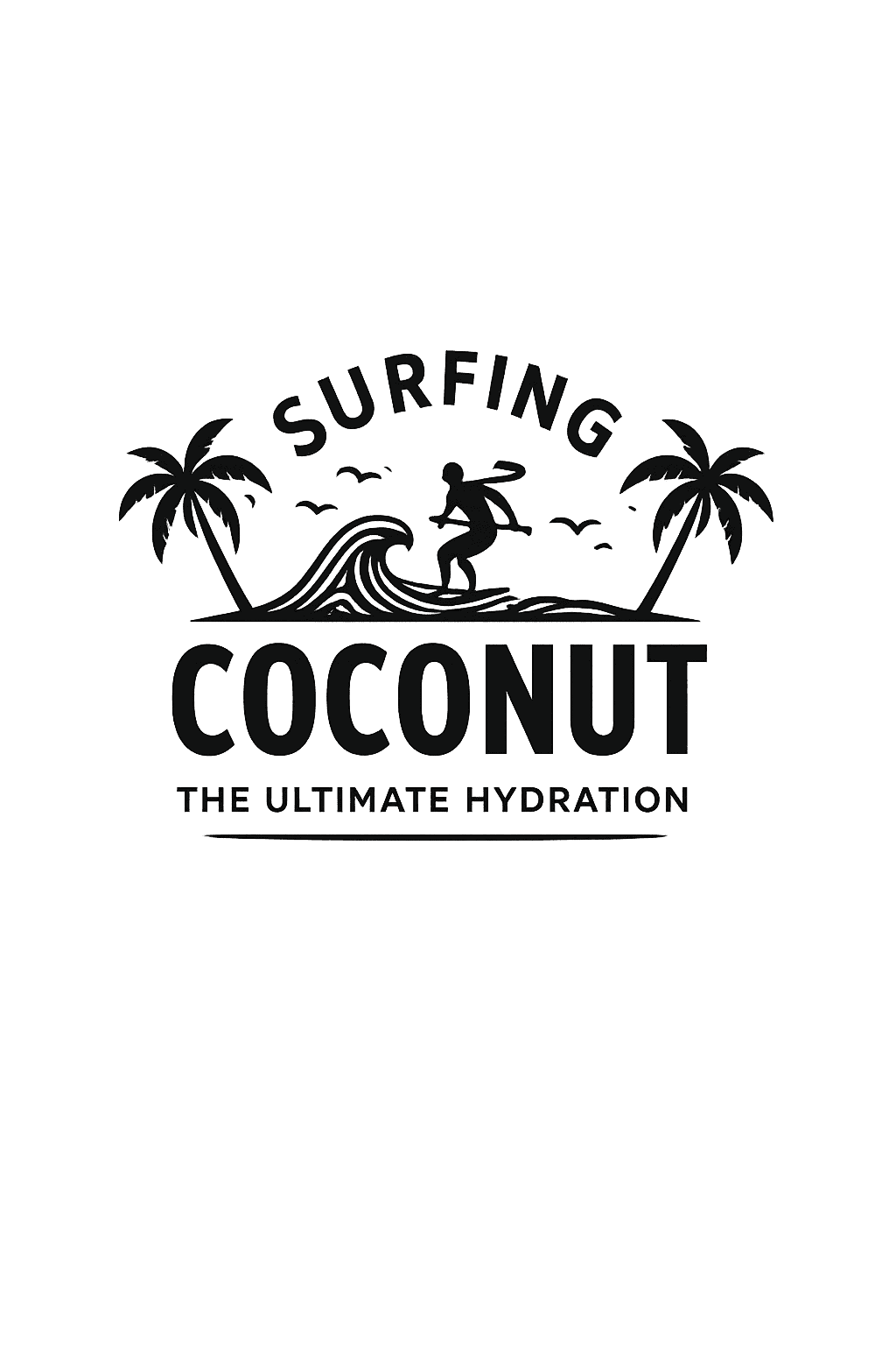 Logo with a surfer on a wave between palm trees, birds in the sky. Text reads “Surfing Coconut - The Ultimate Hydration.”.