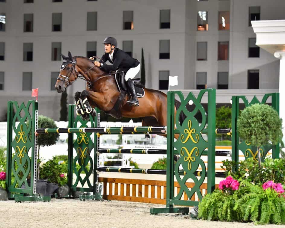 A rider in a black jacket and helmet jumps a brown horse over a green obstacle during an equestrian event at night.