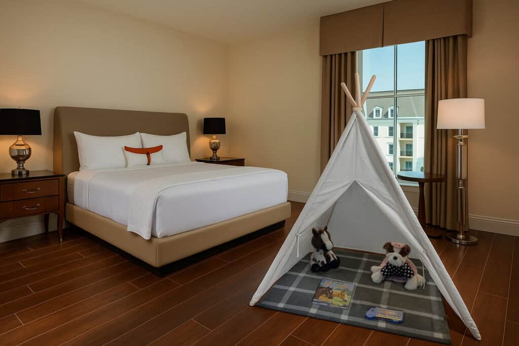 Hotel room with a bed, two nightstands, lamps, a floor lamp, and a small indoor play tent with stuffed animals and books on a rug near a window.