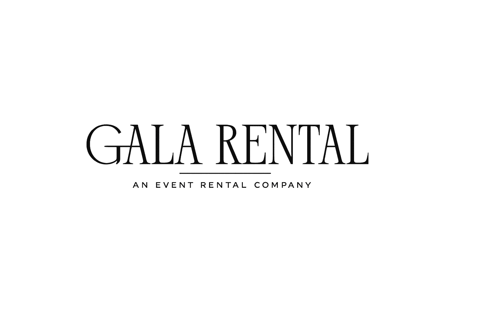 Logo with the text “Gala Rental” in bold font and “An Event Rental Company” underneath on a light gray background.