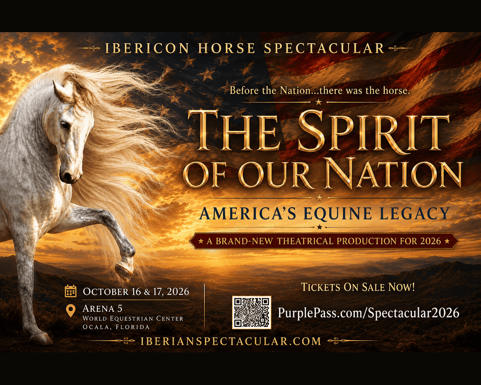 A white horse runs with a flowing mane against a sunset sky and U.S. flag backdrop; text promotes “The Spirit of Our Nation” equine show in Ocala, Florida, October 16–17, 2026.