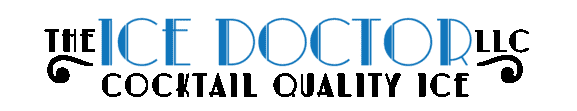 Logo for “The Ice Doctor LLC” with the tagline “Cocktail Quality Ice” in black and blue stylized text on a light background.