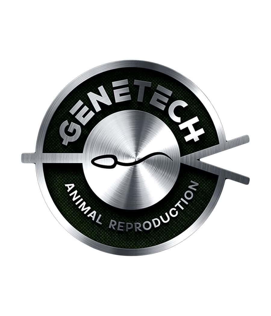 Genetech Animal Reproduction logo featuring metallic design with a stylized sperm cell in the center.