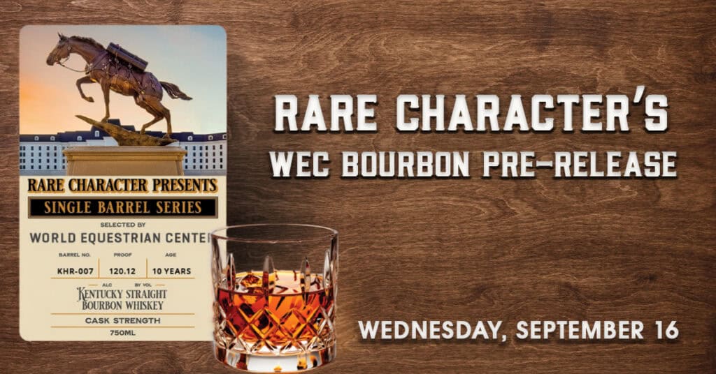 A glass of bourbon sits on a wooden surface next to a promo for Rare Character’s WEC Bourbon Pre-Release, featuring a bottle label and event date, Wednesday, September 16.