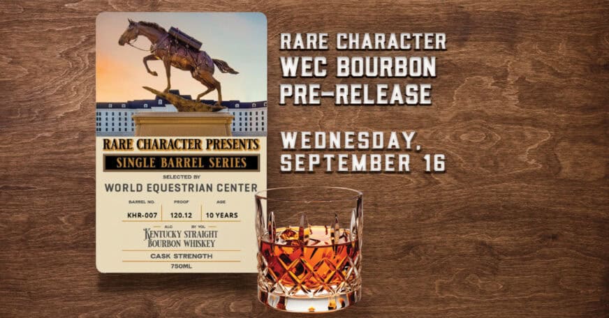 Glass of bourbon on a wooden table beside a flyer for Rare Character WEC Bourbon pre-release event on Wednesday, September 16.