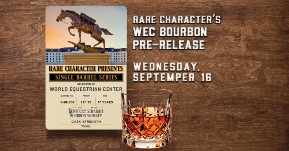Event flyer for Rare Character’s WEC Bourbon pre-release on Wednesday, September 16, with a bourbon bottle label and a glass of whiskey on a wood surface.