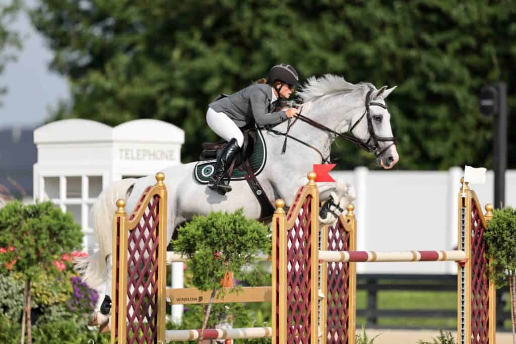 A rider in equestrian attire jumps a white horse over a fence during a show jumping competition outdoors.