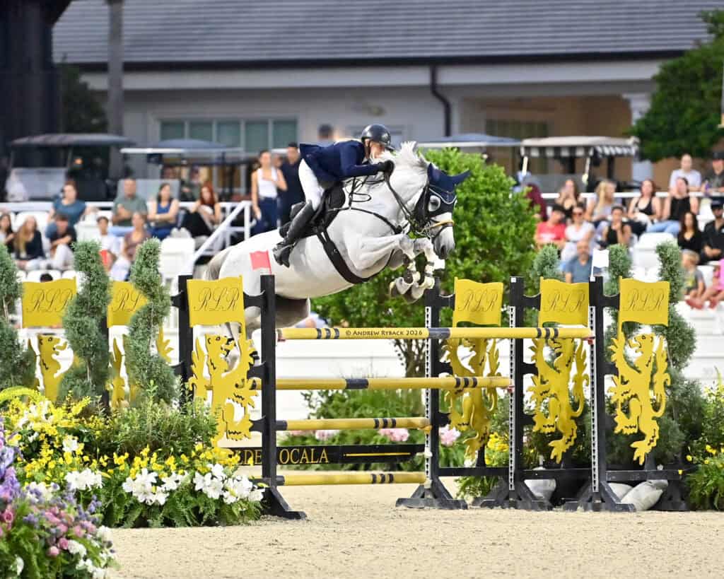 A rider in equestrian gear jumps a white horse over a yellow and black fence during a show jumping competition with spectators in the background.